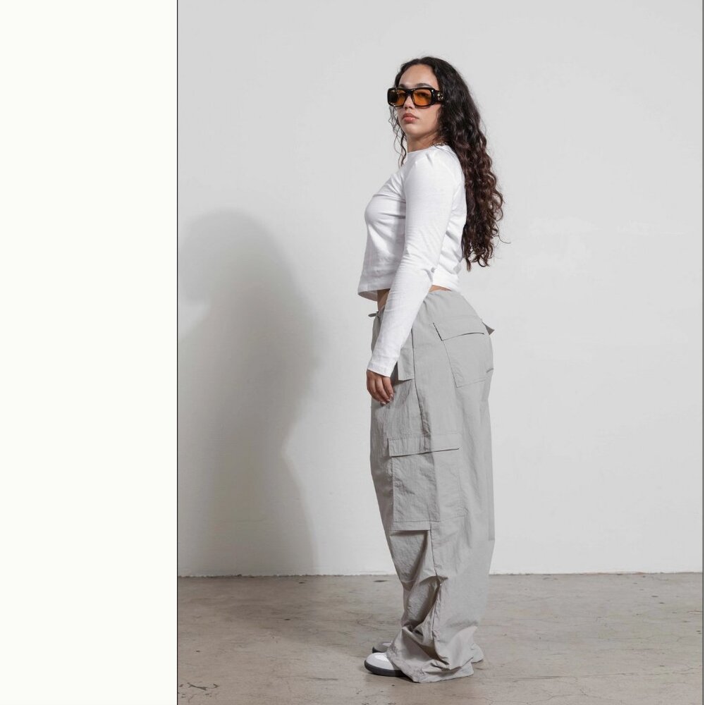 Local European Parachute Cargo Nylon Relaxed Baggy Drawstring Pant Gray Grey  29